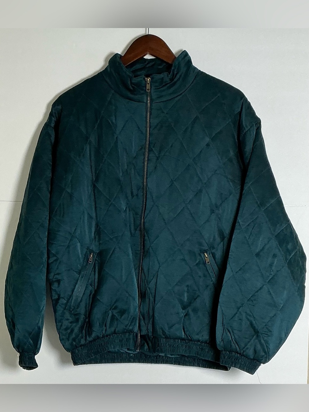 Vintage Robert Stock 100% Silk Quilted Bomber Jacket Teal L